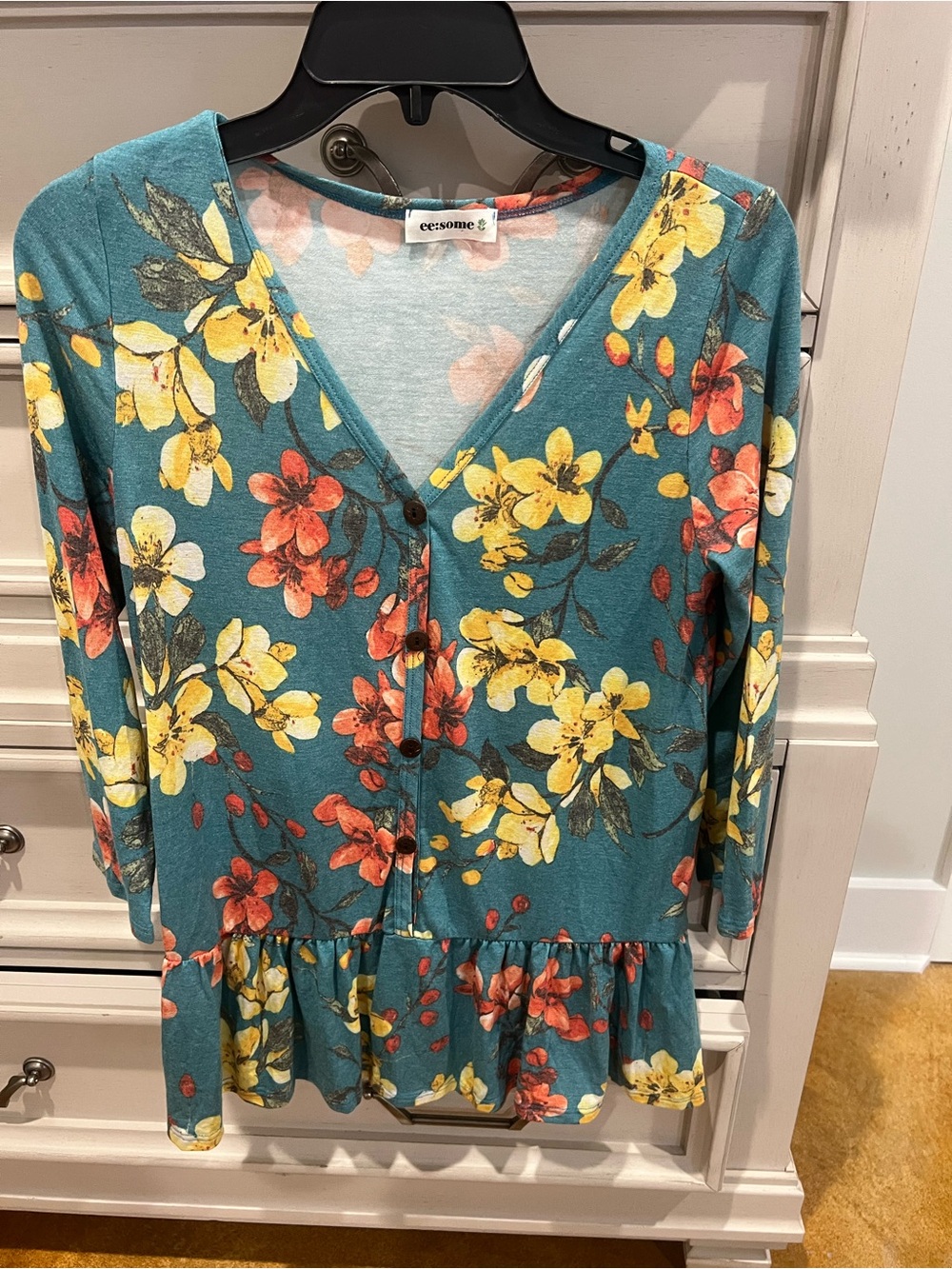 eesome Teal Floral Button-Front Peplum Top with Yellow & Coral Blooms